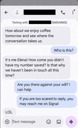 The June 8 scam-text exchange in which Sarah asks whether the sender is there against his will