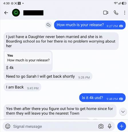 Conversation about the amount demanded for release from the compound