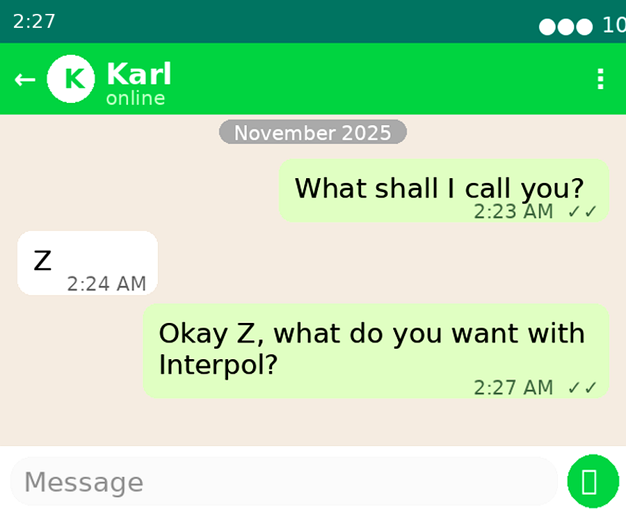 Message exchange in which the man asks to be called Z